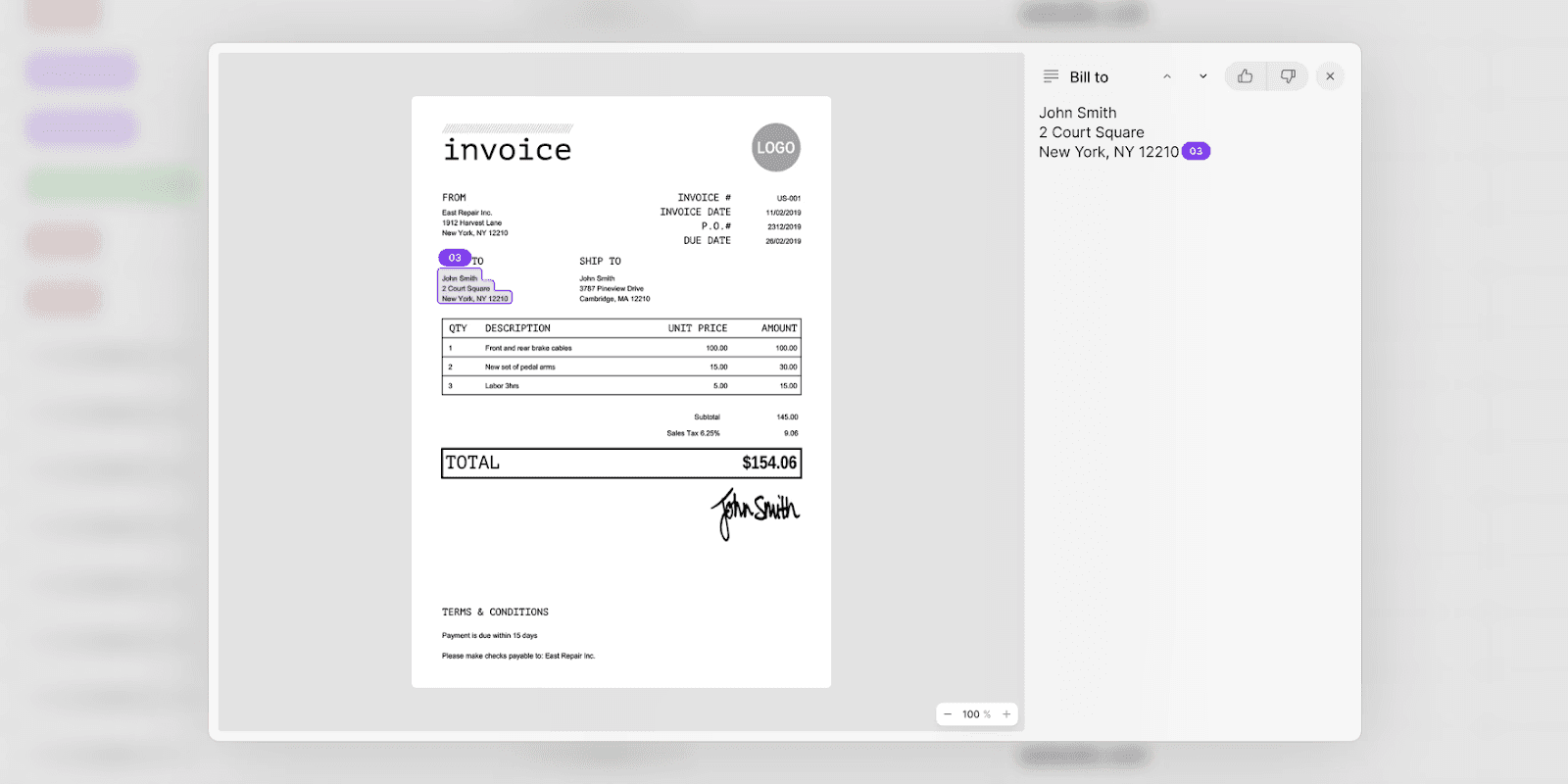 V7's automated citation feature shown within an invoice