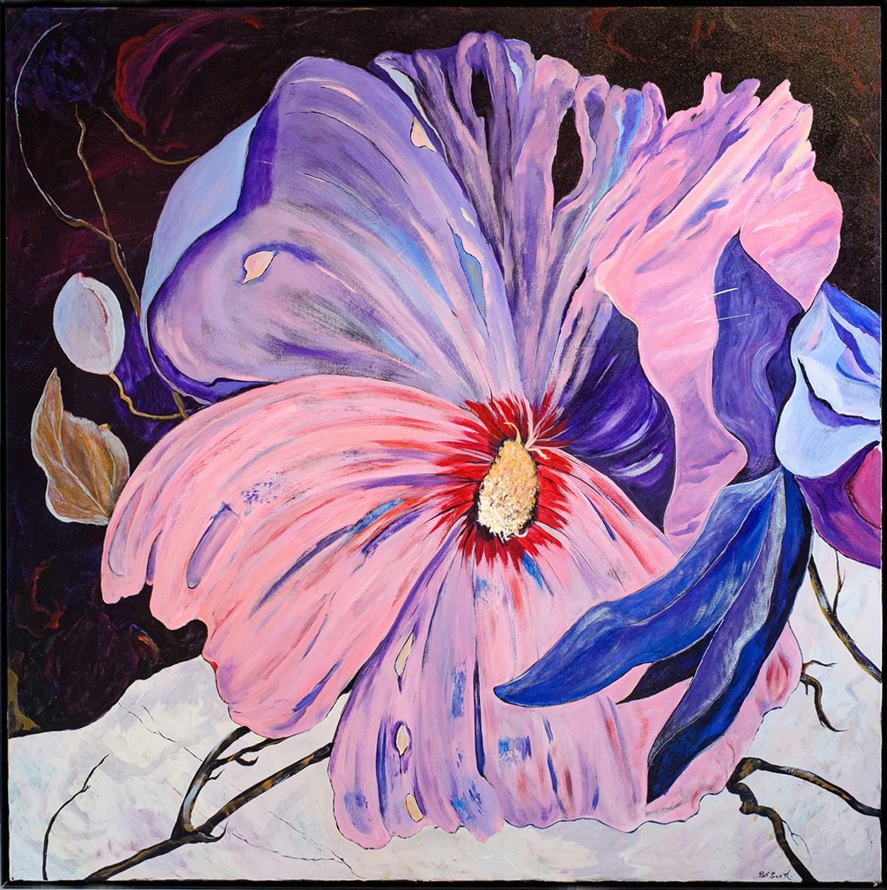 A hibiscus with purple and periwinkle hues takes center frame in striking contrast with the background both dark and light.