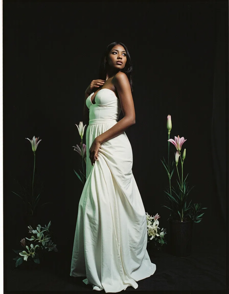 Elegant portrait featuring a white strapless gown against dark background with blooming lilies, showcasing dramatic lighting and fashion styling