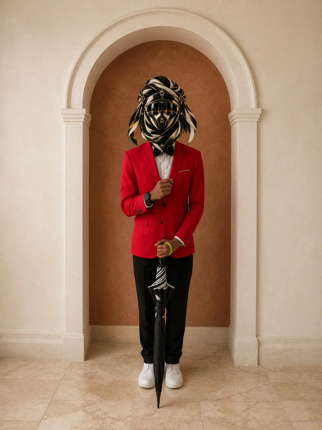 Full-length view of Red Jacket, Black Trousers, worn with a bow tie and white sneakers, with the official Marzelest face covering.