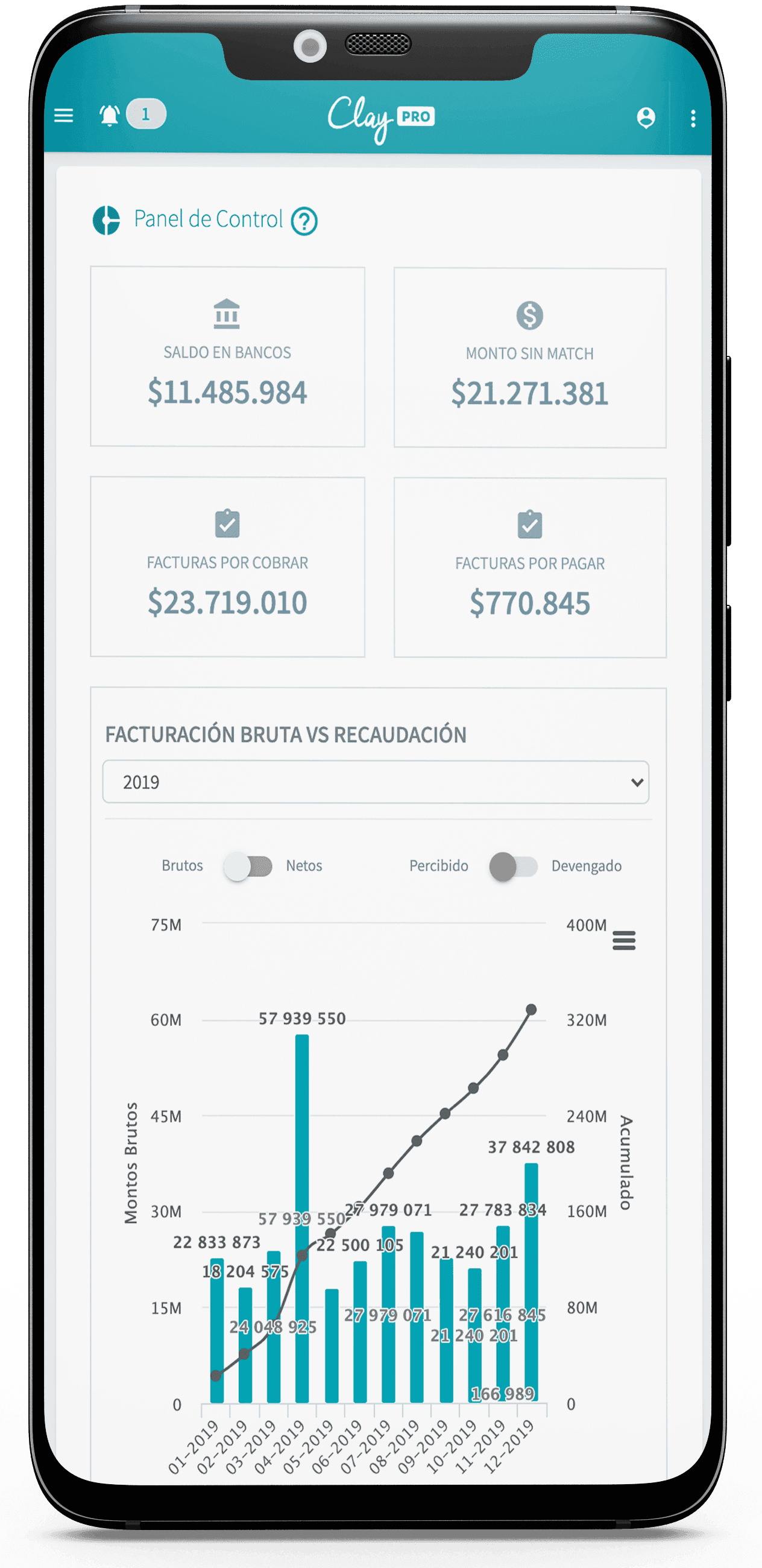 Celular mostrando conciliación bancaria automática desde tu software de contabilidad.