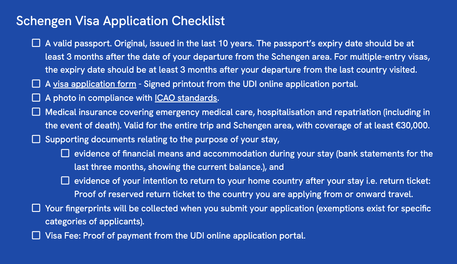 Blue Schengen visa checklist UI helping users ensure full document compliance.