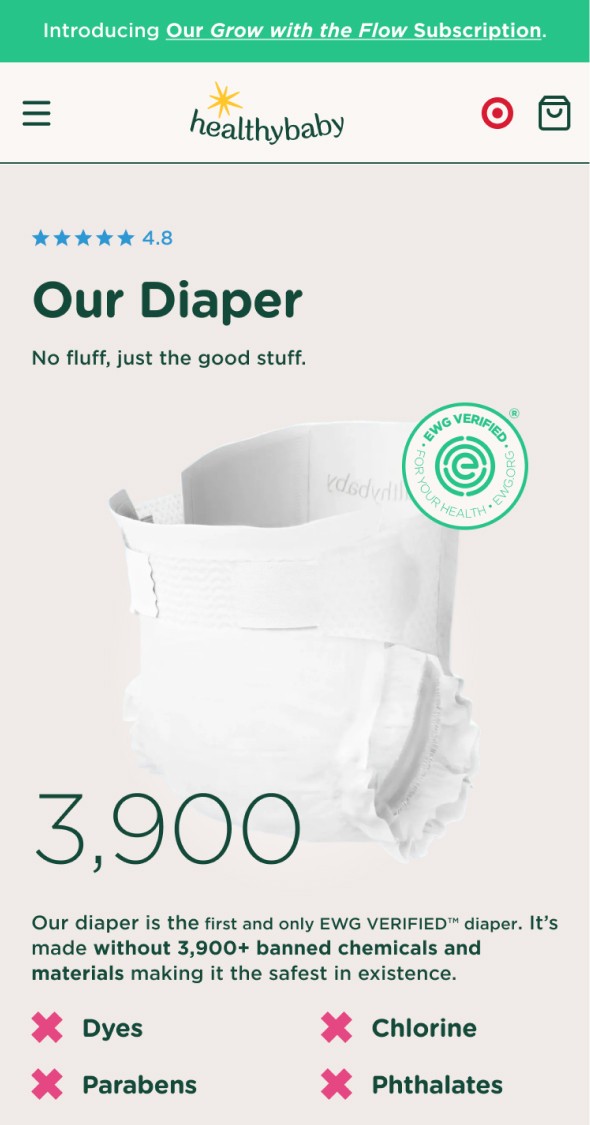 Mobile diaper product page with subscription-focused feature breakdown