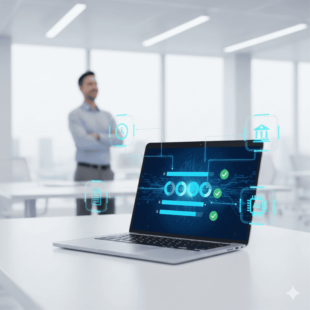 Ein modernes, helles Büro mit Fokus auf einem großen, aufgeräumten Schreibtisch. Auf dem Tisch steht ein Laptop, auf dessen Bildschirm ein automatisiertes Dashboard zu sehen ist: Diagramme, grüne Häkchen, durchgehende Datenflüsse. Um den Laptop herum schweben transparente, halb-holografische Symbole, die verschiedene Prozesse darstellen – z. B. Uhr-Icon (Zeiterfassung), Bank-Icon (SEPA), Dokument-Icon (digitale Lohnabrechnungen), KI-Chip (Stammdatenprüfung).