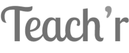 The word "Teach'r" is displayed in gray, with stylized font. The background is a muted blue-gray color.