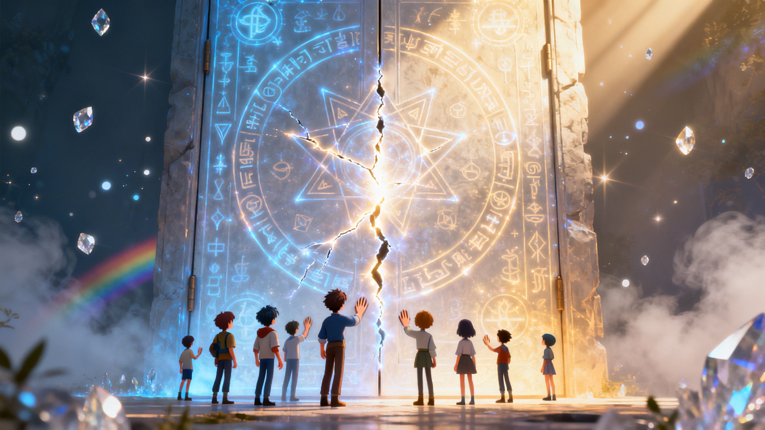 A powerful anime 3D fantasy cinematic scene of a many small humans figures