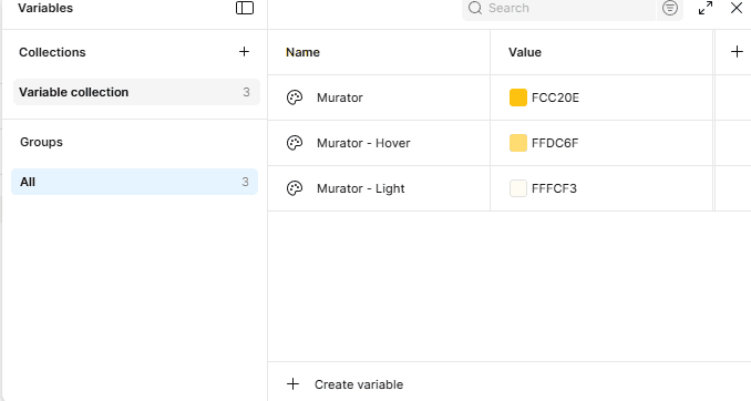 Design system color variables and tokens for the Murator redesign project.