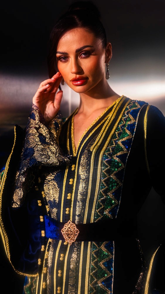 Deepsea Blue Moroccan caftan with gold and green embroidery, handcrafted couture design inspired by traditional Moroccan artistry