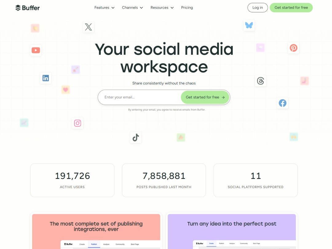 Buffer website hero section with some social icons, a newsletter input field, and some numbers