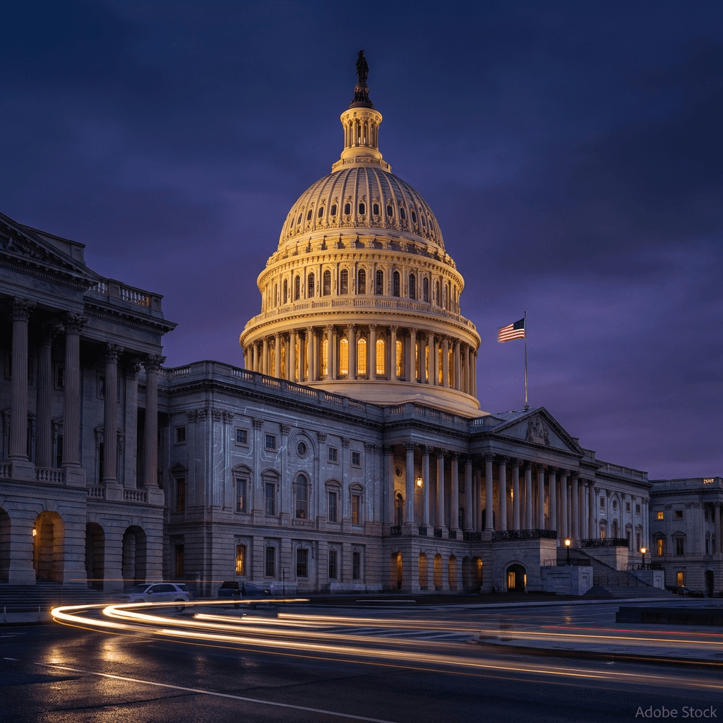 Digital illustration of a government building surrounded by glowing data streams, representing modern technology and cybersecurity.