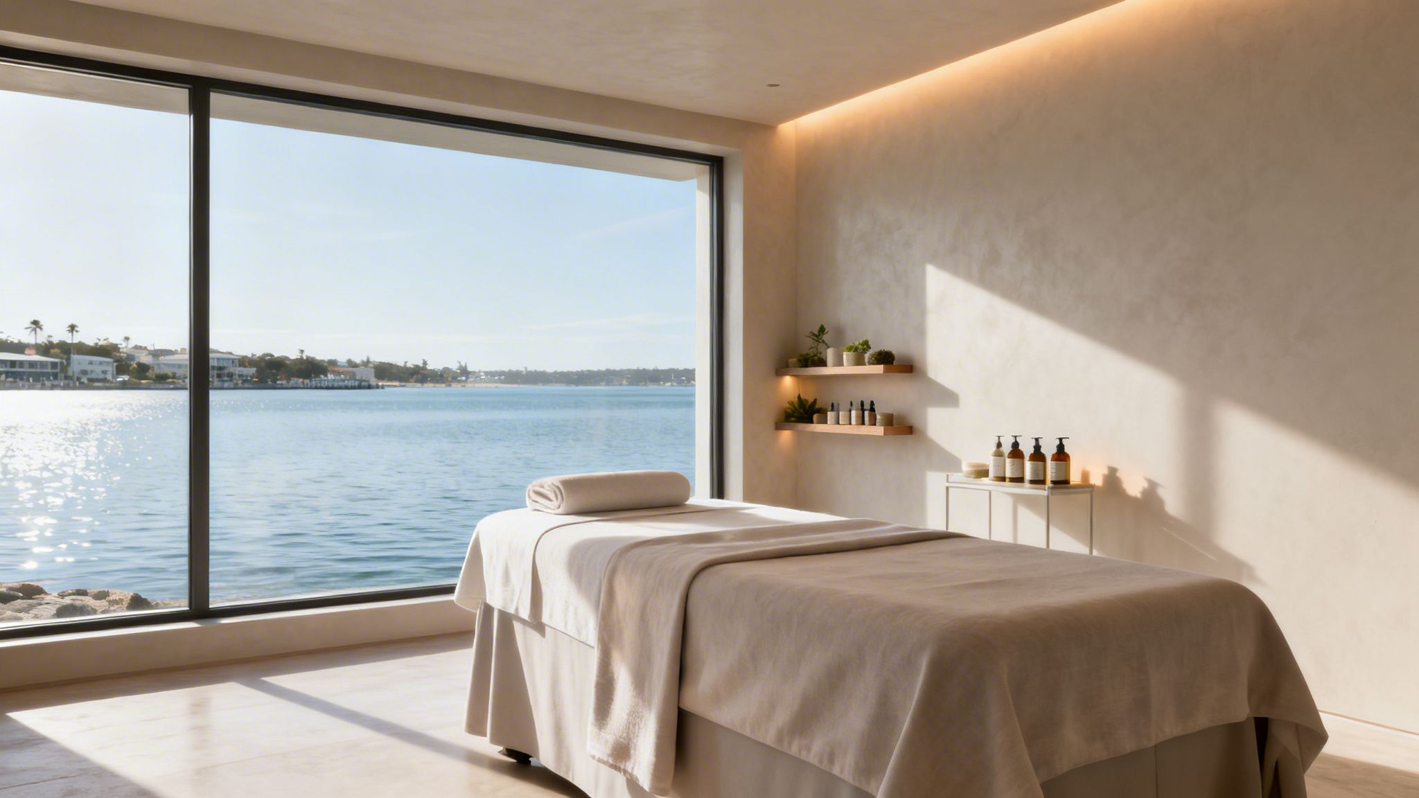 Tranquil spa room with a massage table and shelves of skincare products overlooking a calm ocean.
