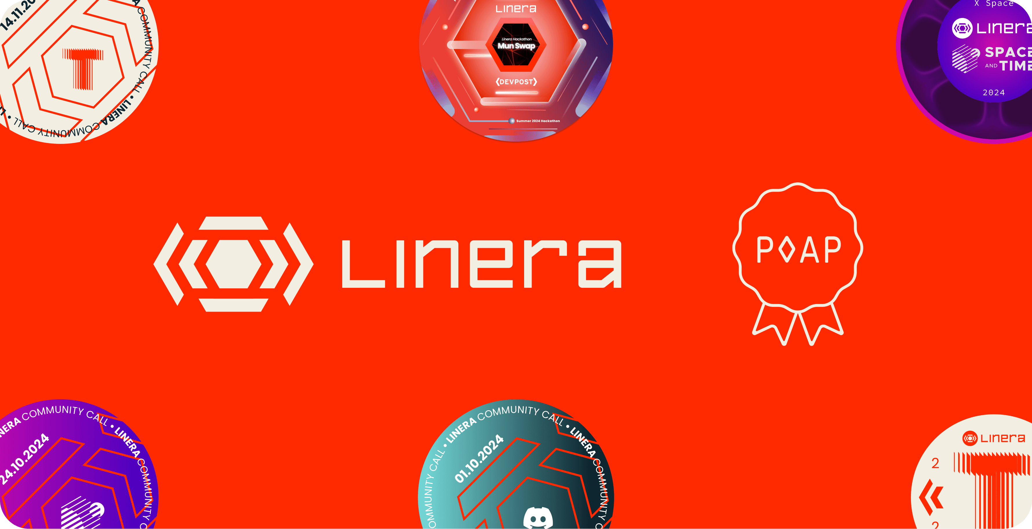 A vibrant red graphic showcasing Linera’s branding and various POAP designs. The centerpiece features the Linera logo, with its hexagonal, futuristic design. Surrounding it are distinct POAP badges highlighting past Linera events, including the Testnet Archimedes launch and partnerships like Space and Time, as well as hackathon achievements. A stylized ribbon icon labeled “POAP” emphasizes the importance of commemorative tokens in Linera’s ecosystem. The bold red background reinforces the brand’s dynamic and innovative identity.