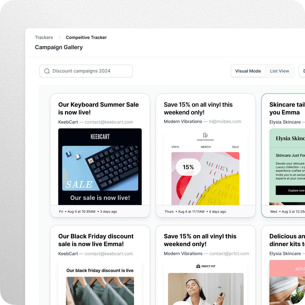 Galerij van concurrerende trackers die verschillende e-mailcampagneontwerpen van verschillende merken voor kortingspromoties tonen.