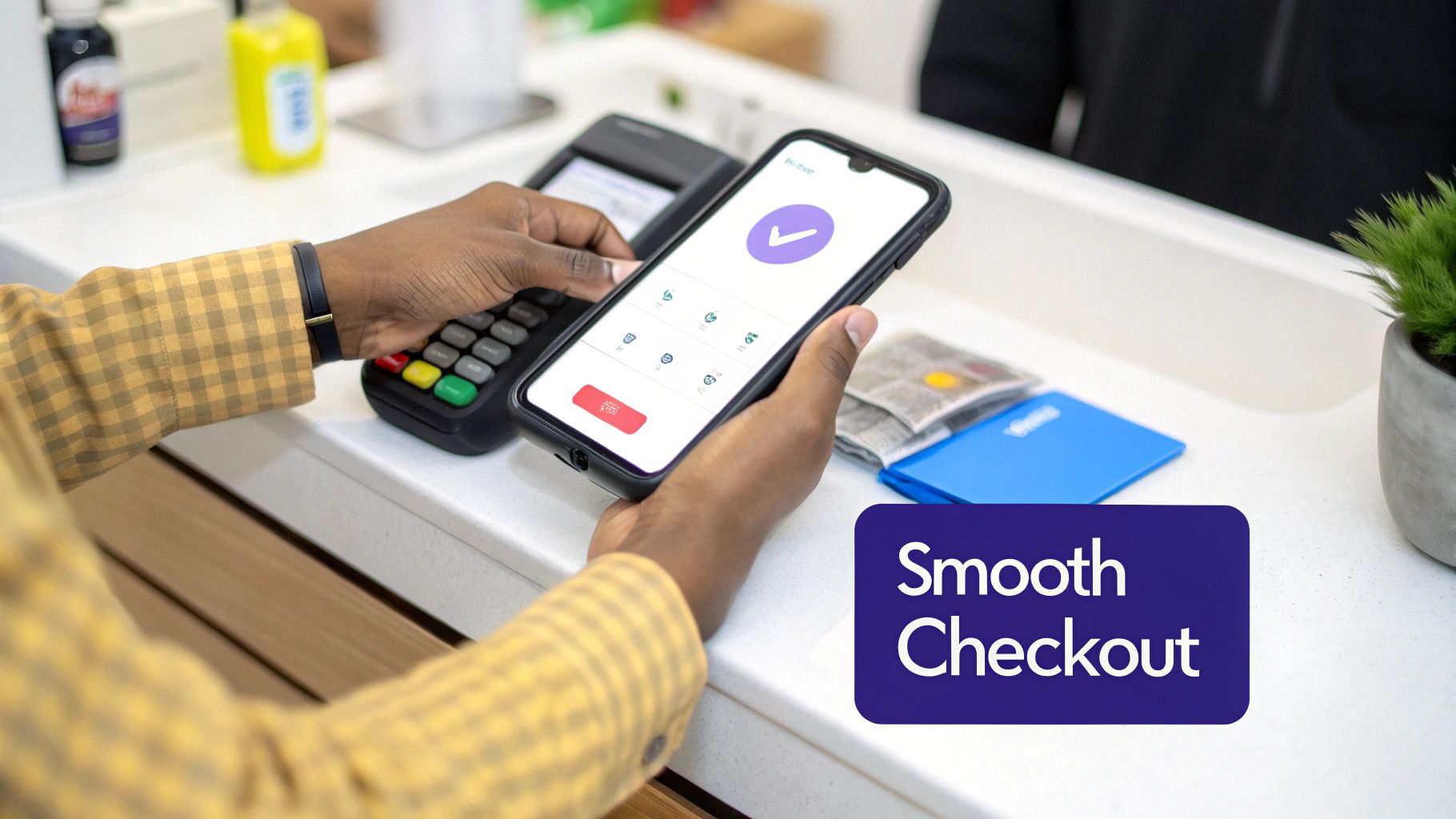 A person completing a mobile payment transaction on a smartphone at a retail checkout counter.