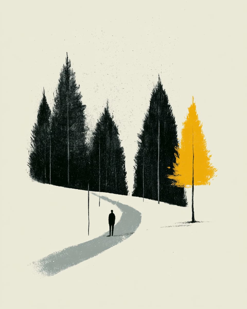 Illustration einsamer Weg durch Wald, gelber Baum, Person.