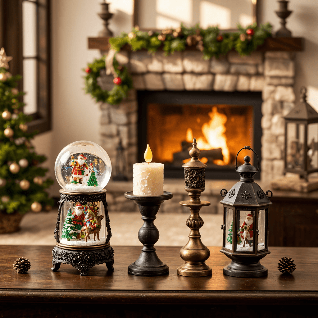 product photography of a collection of decorative holiday figurines including a snow globe, a candle, and lanterns
