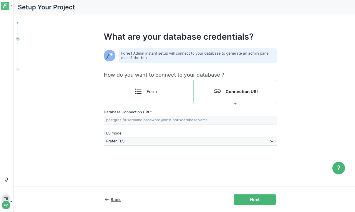 Forest Admin database connection form