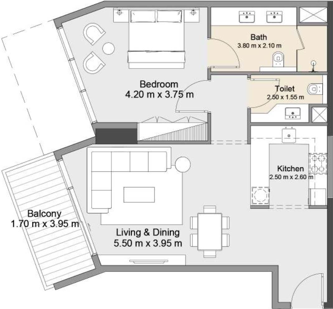 Floor plan image of a 1 bedroom apartment at Azura Residences.