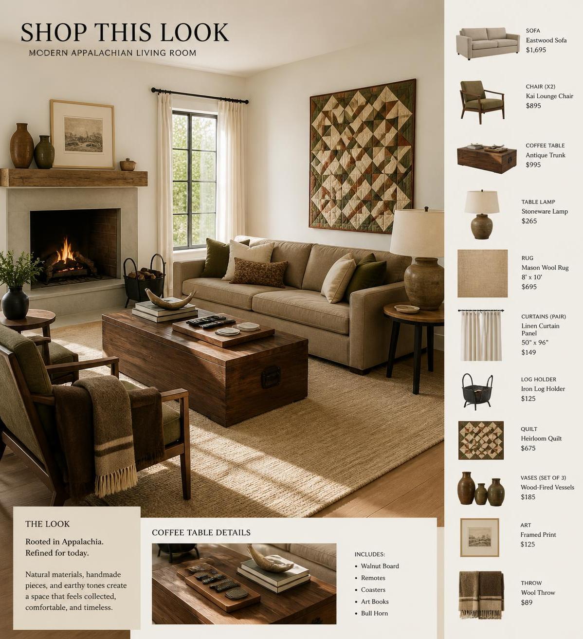 Modern Appalachian living room featuring a beige sofa, walnut antique trunk coffee table, wool rug, lounge chairs, stoneware lamp, linen curtains, fireplace, quilt wall art, and earthy rustic decor.
