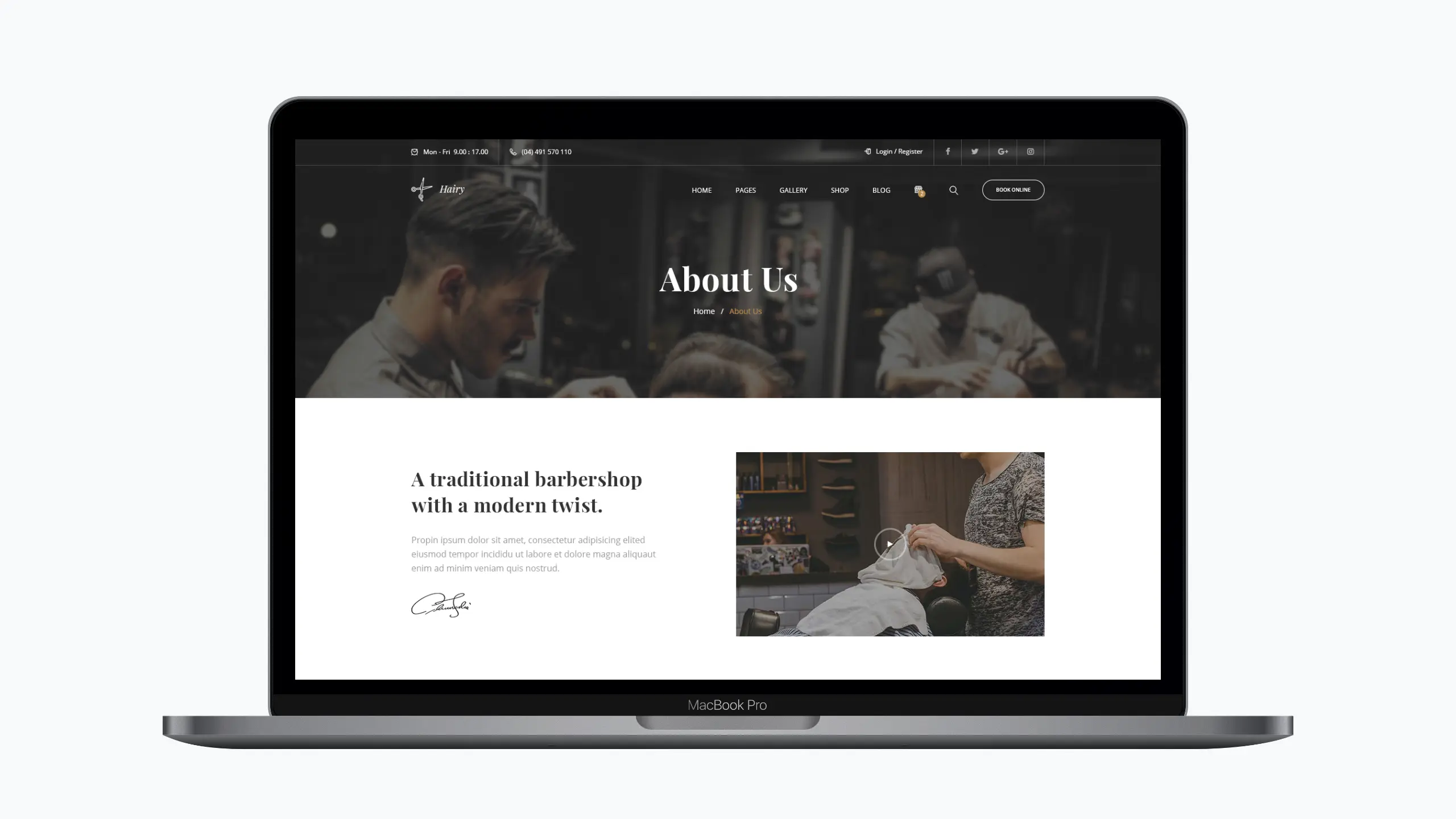 A mockup of a Macbook for the about us page of the hair salon website