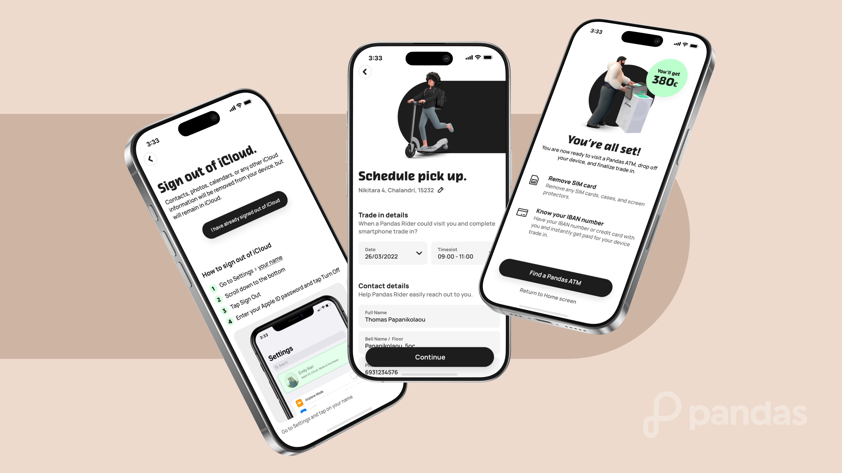 Pandas mobile app showing pickup scheduling details and iCloud sign-out guidance