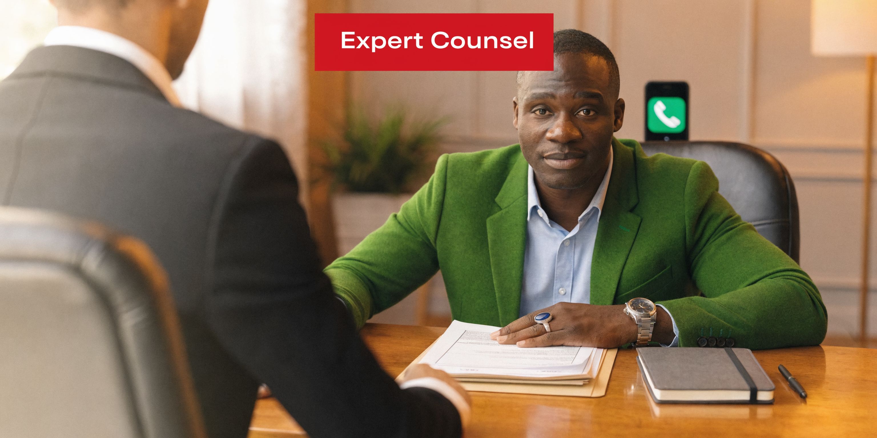 A professional man in a green blazer meeting with a client across a desk for a legal consultation.