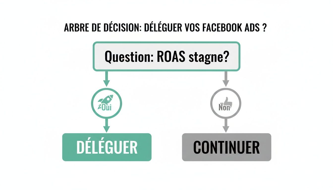 Un arbre de décision simple demandant si le ROAS des Facebook Ads stagne pour décider de déléguer ou continuer.