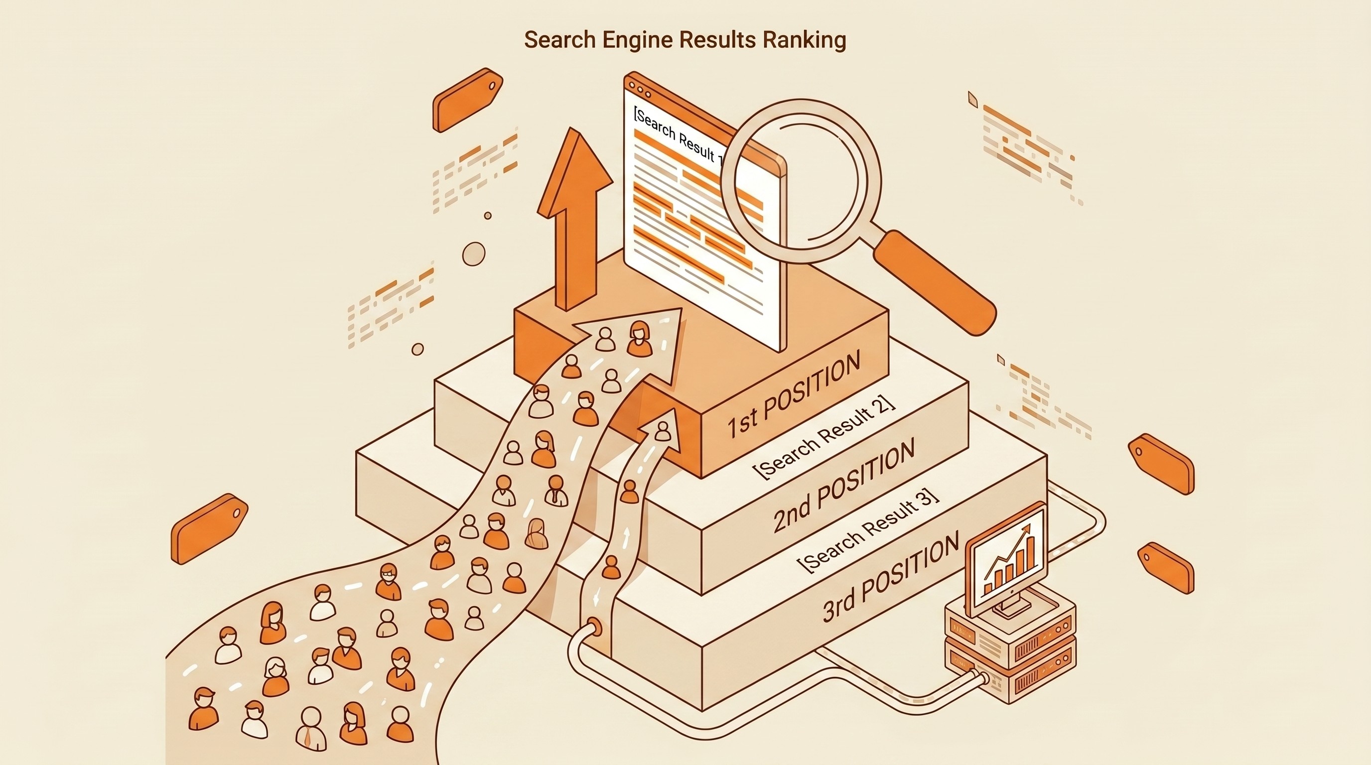 Ilustrasi podium peringkat tiga tingkat dengan halaman web yang dioptimalkan kata kunci di posisi teratas pencarian.
