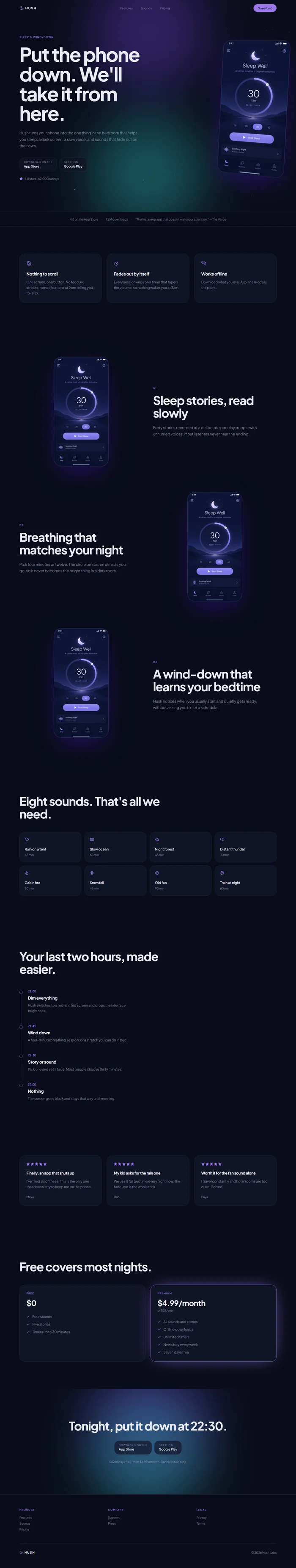 Full page of an AI-generated app landing page with aurora hero, pillars, feature screens, sound library, reviews and pricing