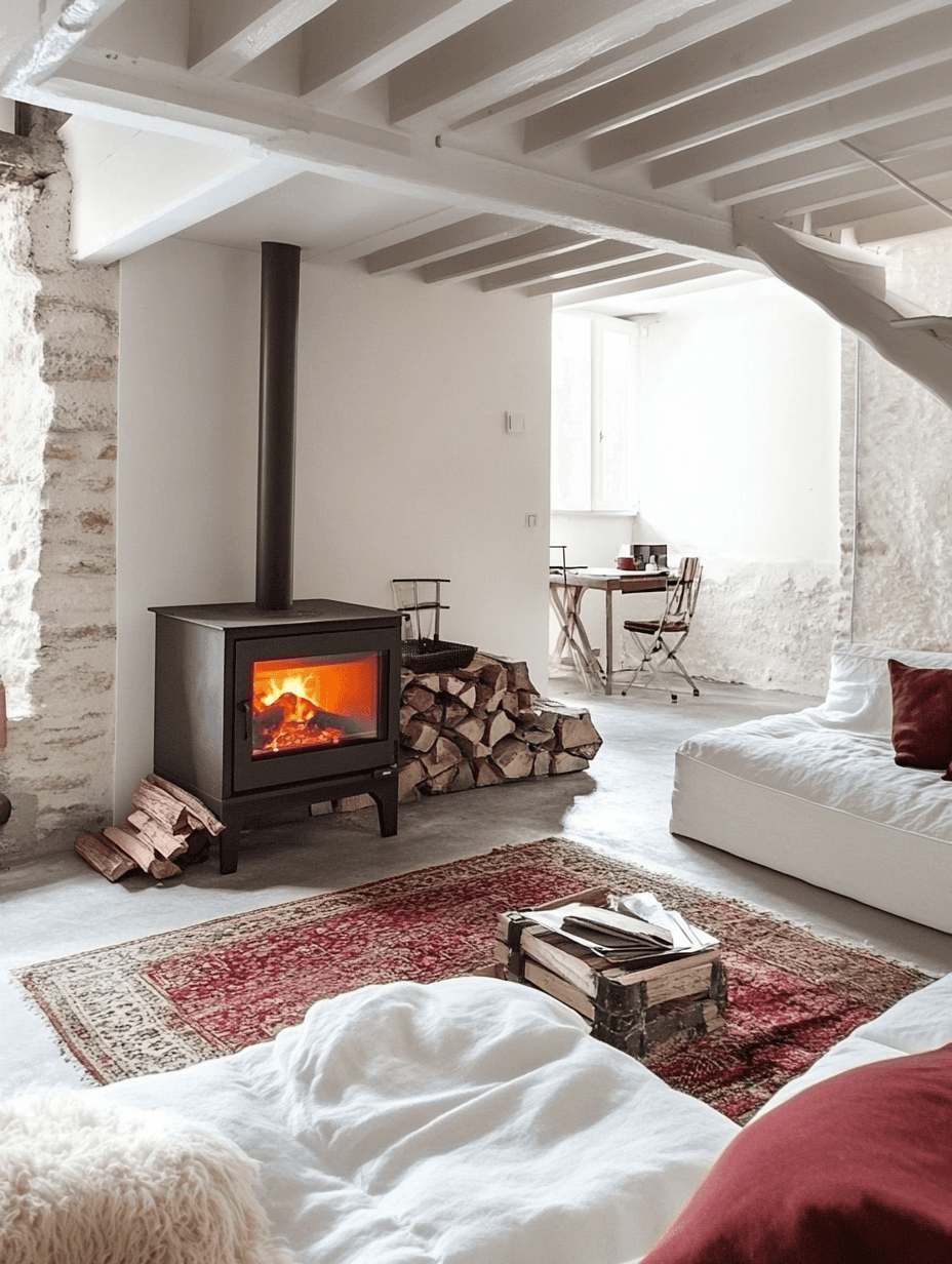 Poêle à bois dans un salon moderne pour un chauffage efficace et économique.