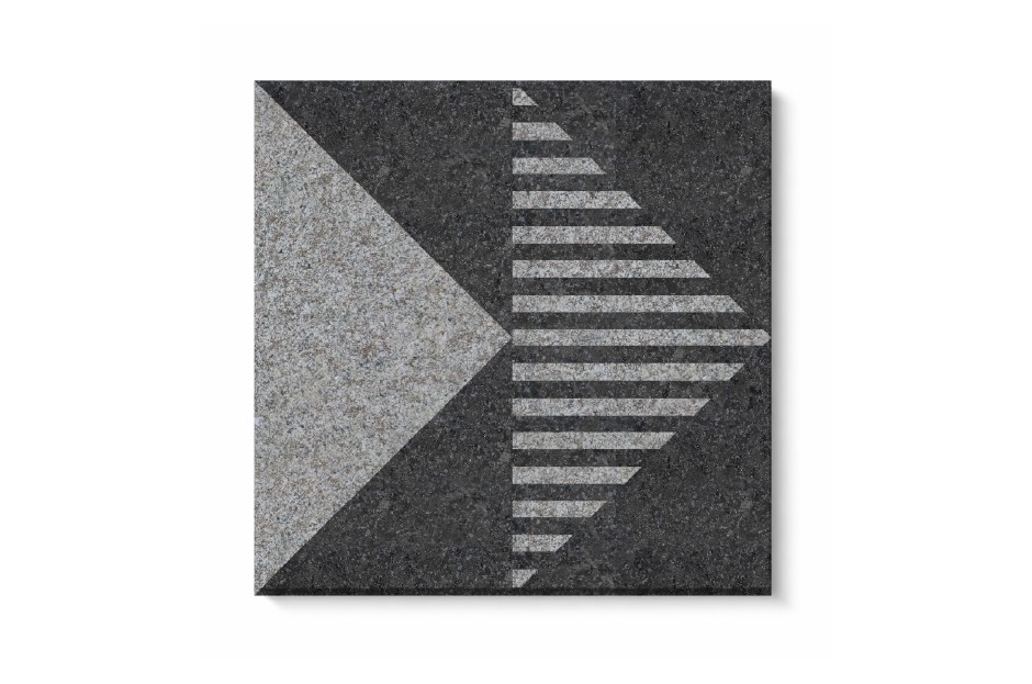 Zodiac stone tile with directional geometric pattern and linear detailing in textured grey surface for outdoor flooring