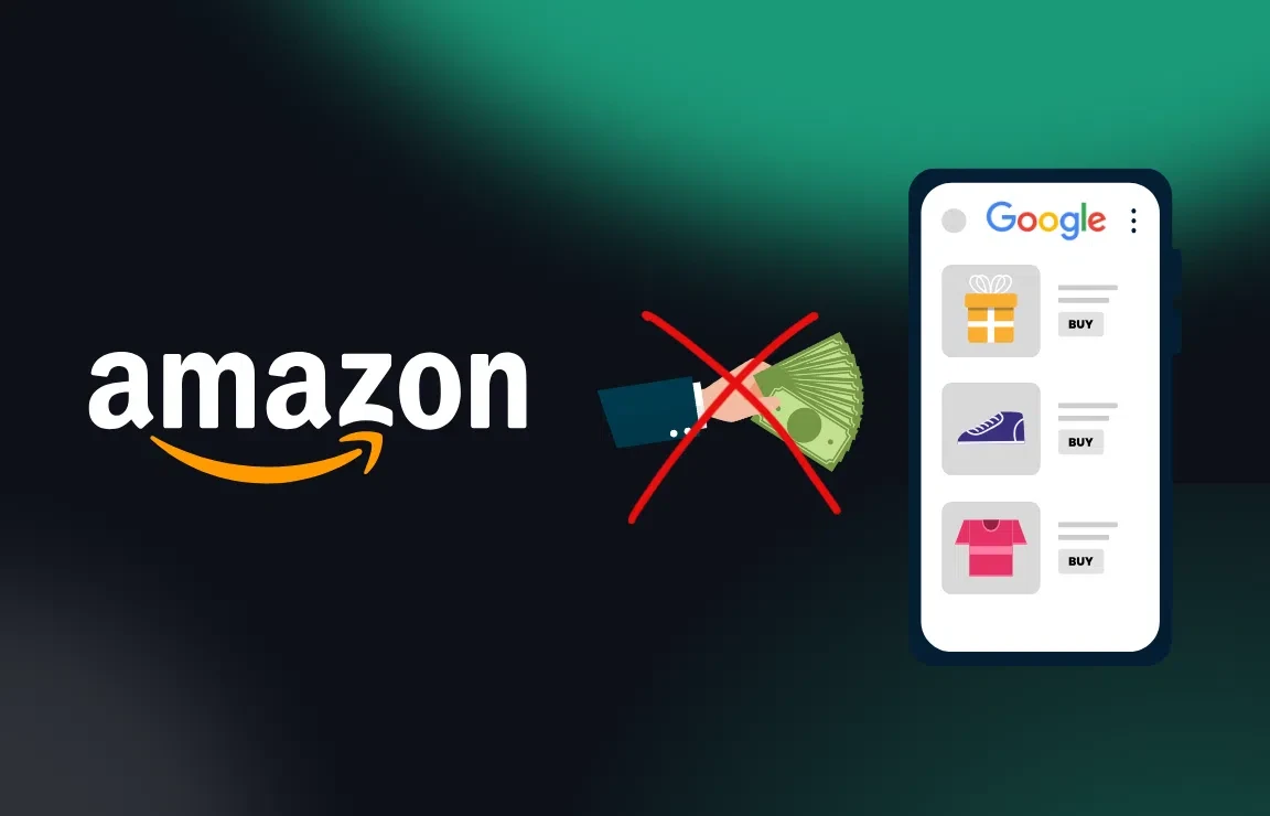 Grafik mit dem Amazon-Logo links, einer durchgestrichenen roten Hand, die Bargeld hält, in der Mitte und einem Smartphone-Bildschirm mit Google-Suchergebnissen für Produkte und „Kaufen“-Buttons rechts. Das Bild deutet an, dass Amazon Werbeausgaben bei Google stoppt oder zurückzieht.
