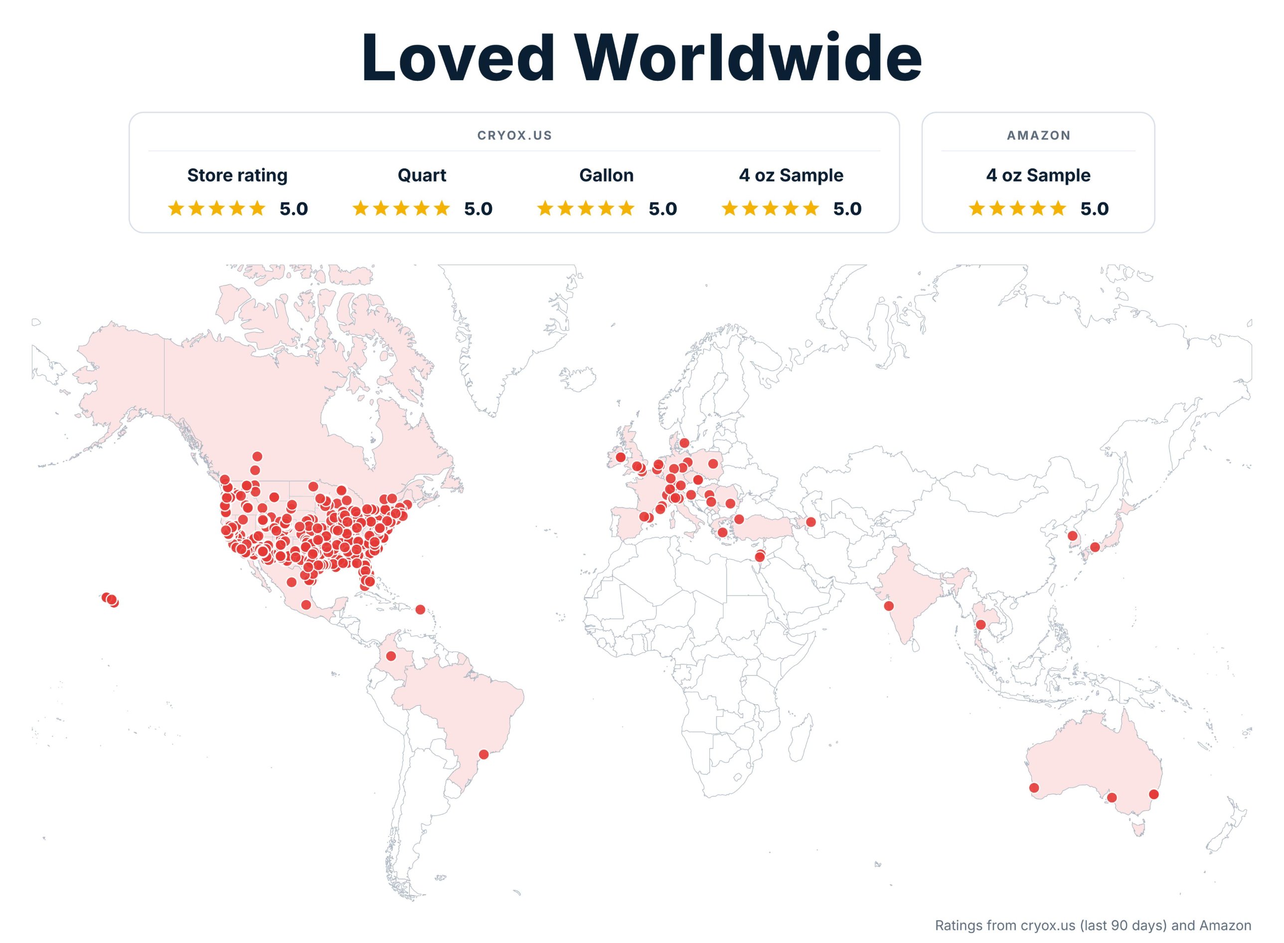 Map of Cryo X customer locations worldwide with 5.0 ratings on cryox.us and Amazon