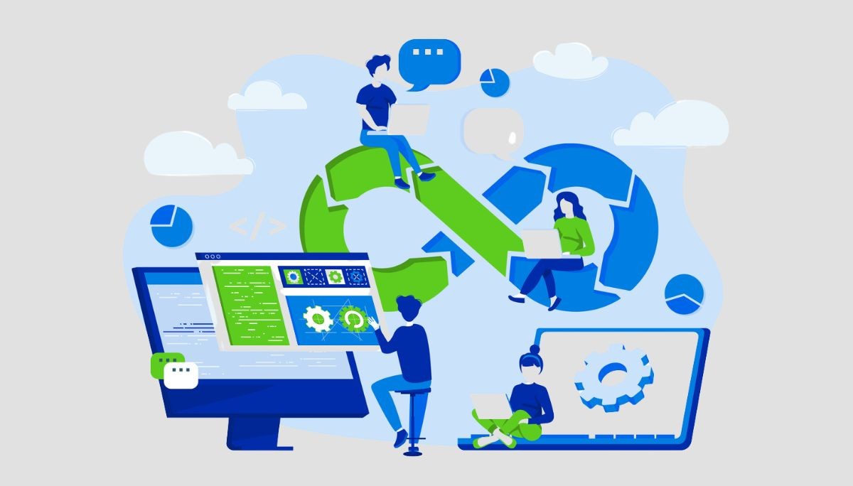Illustration of developers collaborating around an infinity loop with code, gears, and cloud icons, representing systems architecture, design principles, and best practices in software development and DevOps.