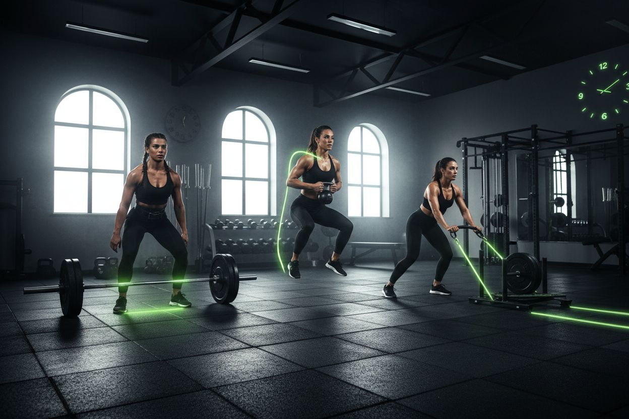 Three women doing strength exercises in a gym