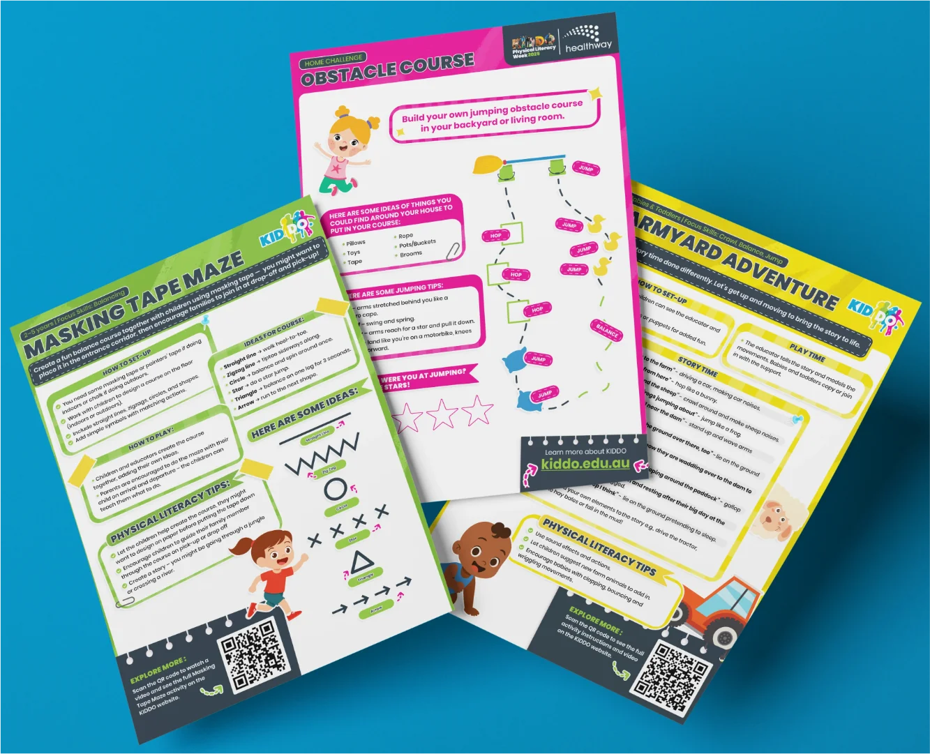 Educational activity guide layout and print design for KIDDO by Subiaco graphic designer Andrew Salfinger, featuring custom icons and easy-to-read instructional graphics for families.