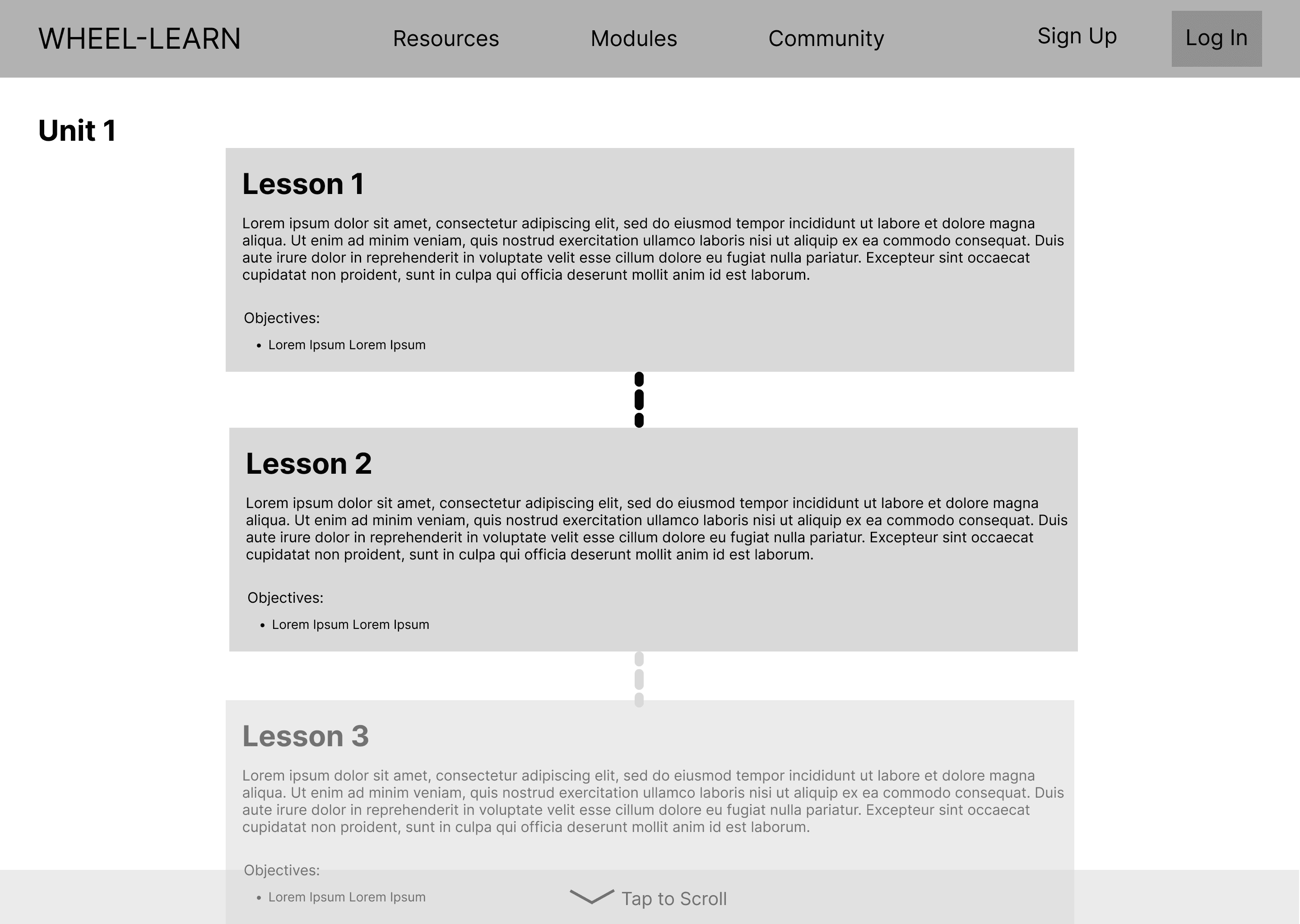 A grey wireframe that illustrates Lesson cards vertically, with a line passing through them to indicate connection.
