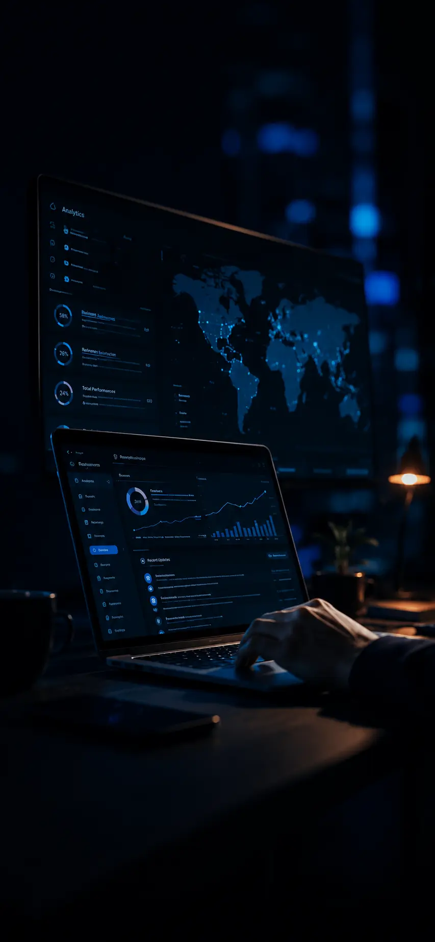 SEO services in Lebanon and AI search optimization shown on a mobile hero background with search analytics and global visibility dashboards.