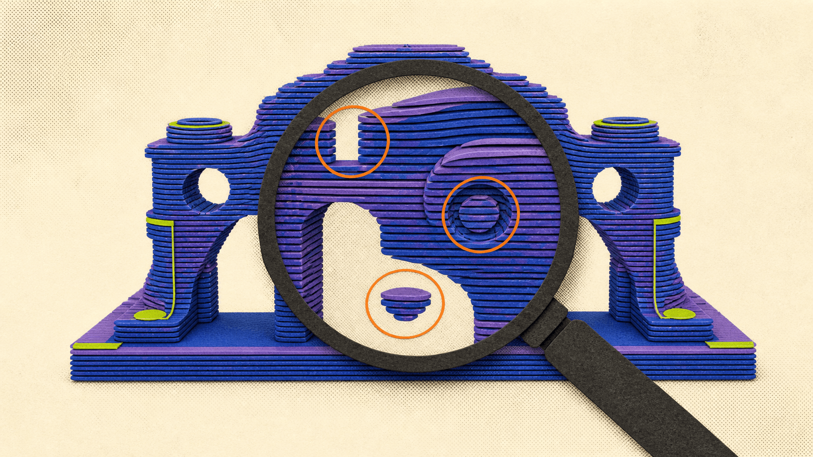 A sliced model being inspected for missing walls, sealed holes, and isolated floating layer fragments.