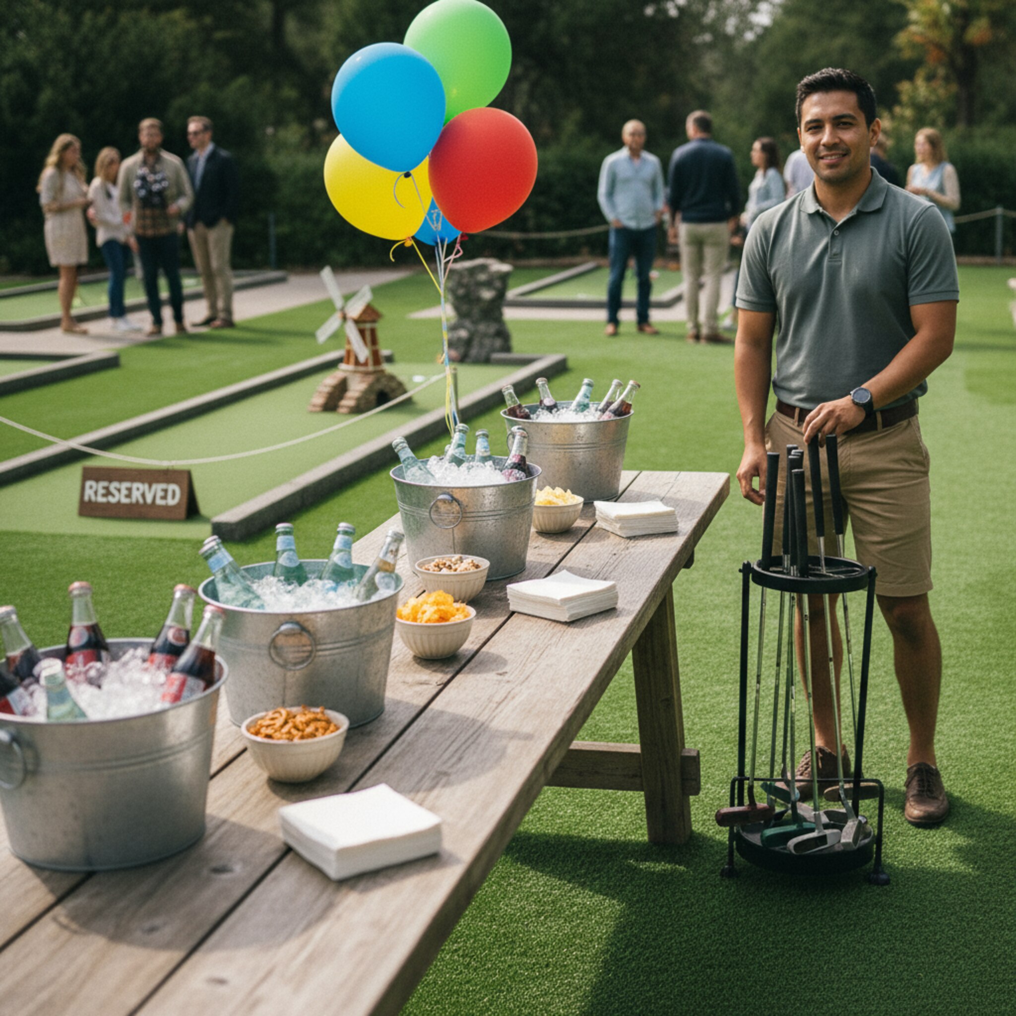 Ein langer Tisch am Rand des Parcours ist mit Getränkeeimern, Snacks und Papierservietten schlicht gedeckt. Ein kleiner Ballonstrauß zeigt den Platz der Geburtstagsgruppe. Eine Mitarbeiterin stellt zusätzliche Schläger in verschiedenen Größen bereit. Im Hintergrund bleibt eine ausgewählte Bahn frei, deutlich für das Event reserviert.