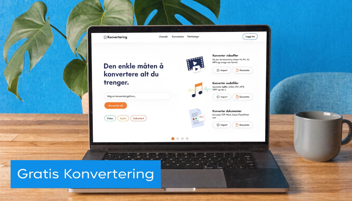 En bärbar dator som visar en konverteringswebbplats för videor, ljudfiler och dokument på en träyta.