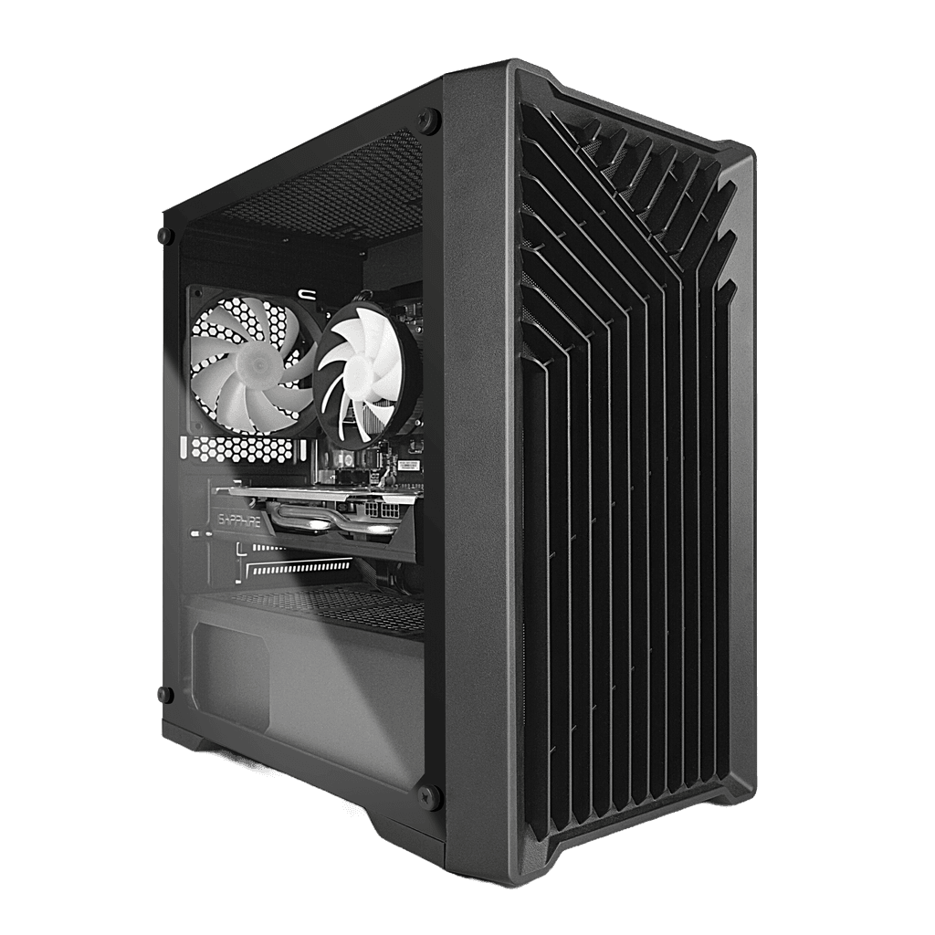 Black gaming PC case with a front mesh panel and visible internal components including a white cooling fan and GPU. Designed for efficient airflow and high performance, ideal for gaming builds in 2023 and beyond.