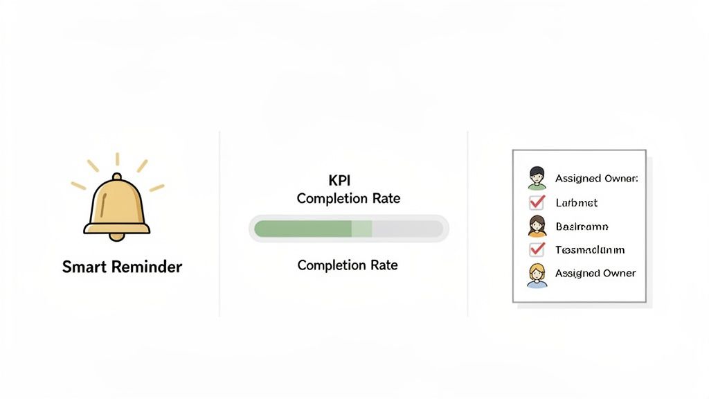 Smart reminder bell, KPI completion rate progress bar, and assigned task owners list.