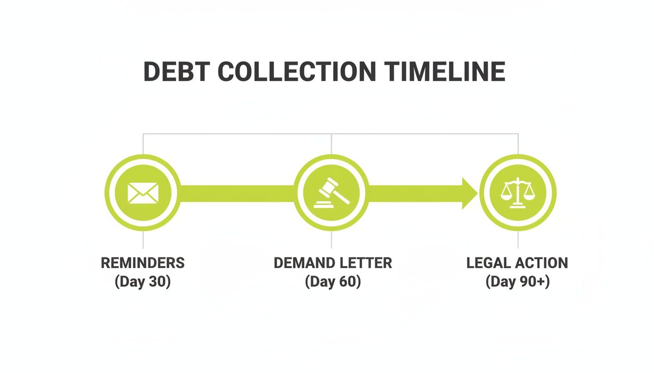 A debt collection timeline with three stages: reminders, demand letter, and legal action, showing days 30, 60, and 90+.