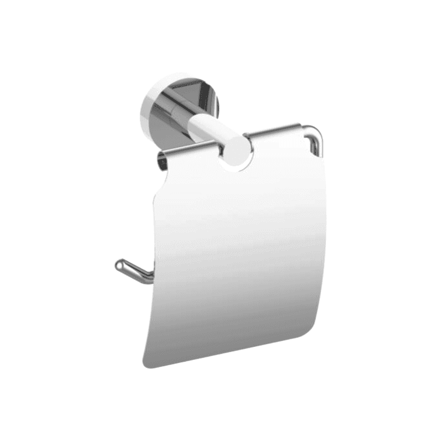 A stainless steel toilet paper holder with a roll of white toilet paper attached.