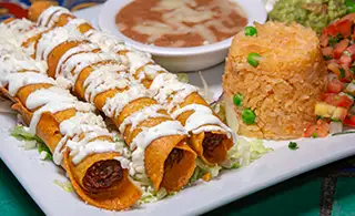Rafa’s Cafe flautas with Mexican rice and beans