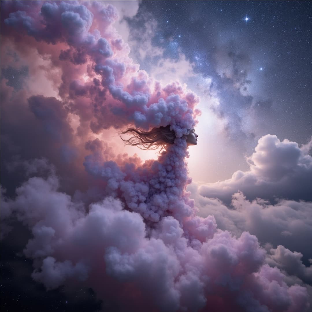 ein fantasiebild, eine Frau ist in Pinke Wolken gehüllt