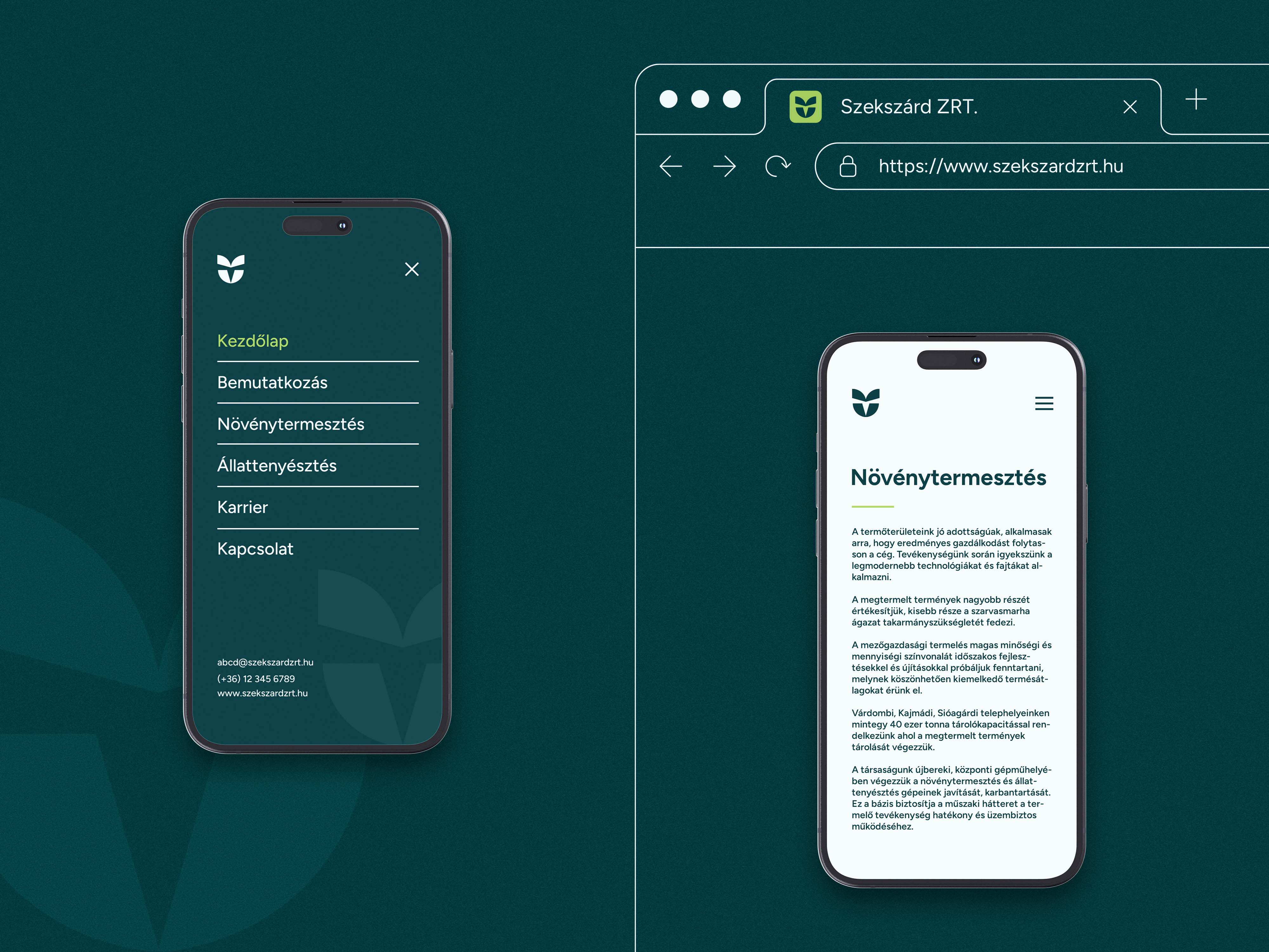 Responsive website layouts shown on smartphone and browser mockups - Szekszárd Agricultural Group, an agricultural brand identity.
