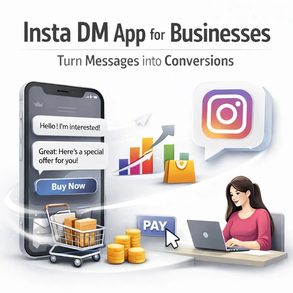 “Professional blog header image on a white background showing an Insta DM app for businesses. A smartphone displays an Instagram direct message conversation with a ‘Buy Now’ call-to-action, connected to visual elements like a shopping cart, payment button, growth chart, and a business professional working on a laptop, representing turning Instagram messages into conversions.”