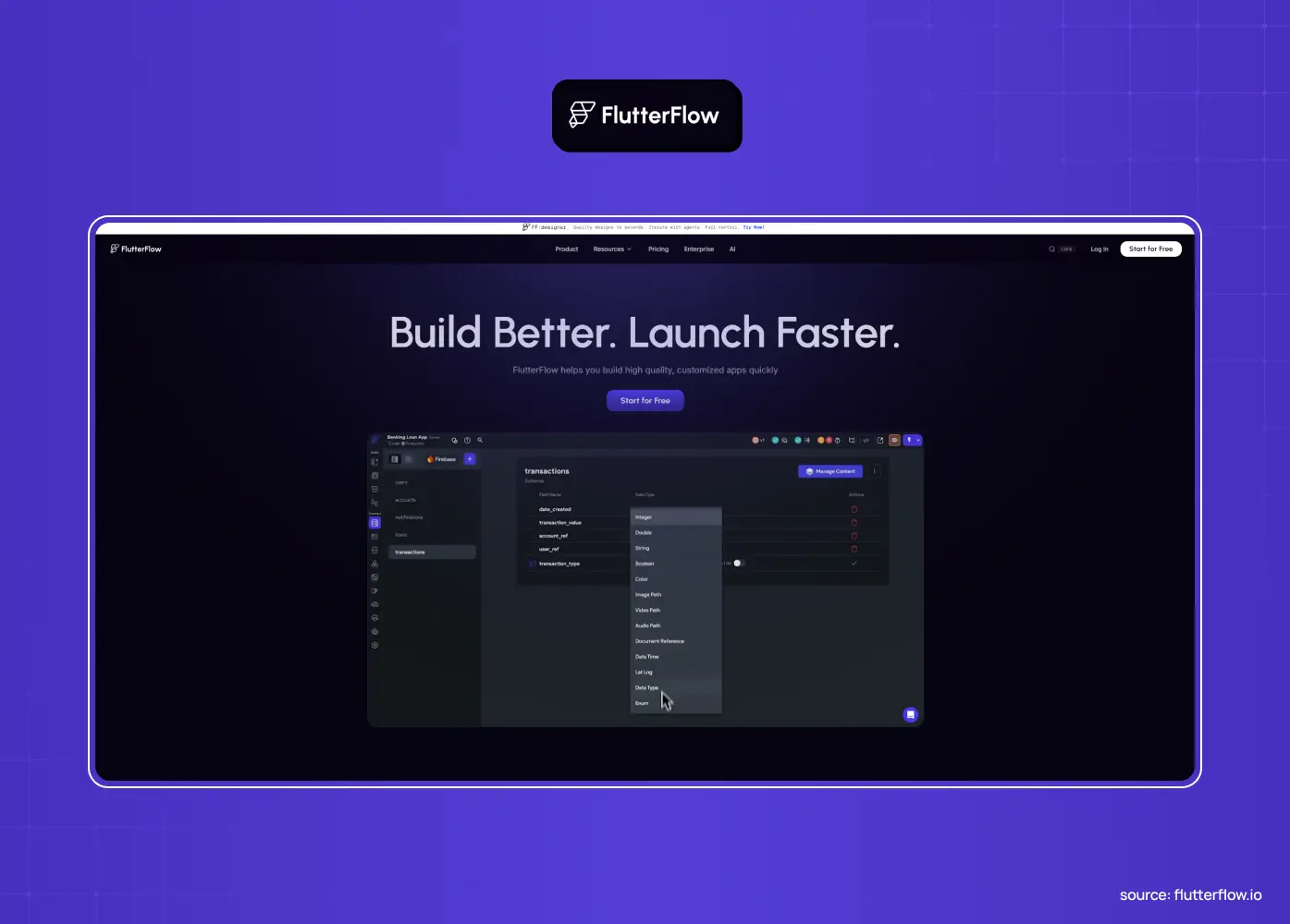 Dark-themed FlutterFlow homepage with “Build Better. Launch Faster.” headline and a visual preview of its app-building interface. 